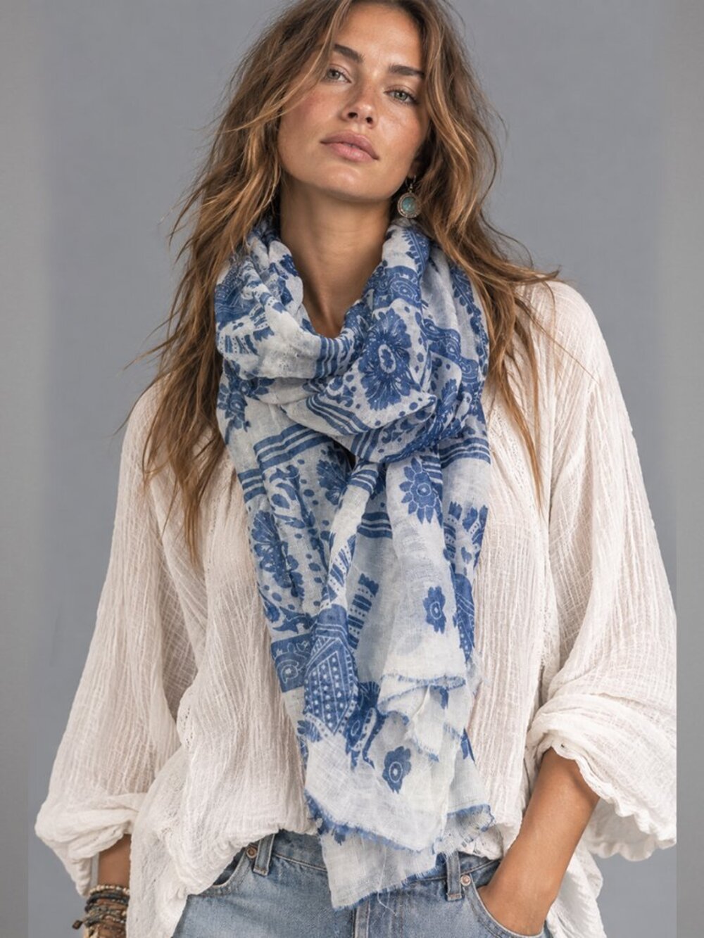 Blue White Floral Elephant Paisley Sheer Gauze Lightweight Scarf Boho Wrap